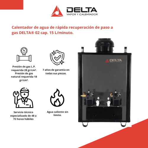 Calentador de agua de rápida recuperación de paso a gas DELTA® 02 cap. 15  L/minuto. - Calentadores DELTA